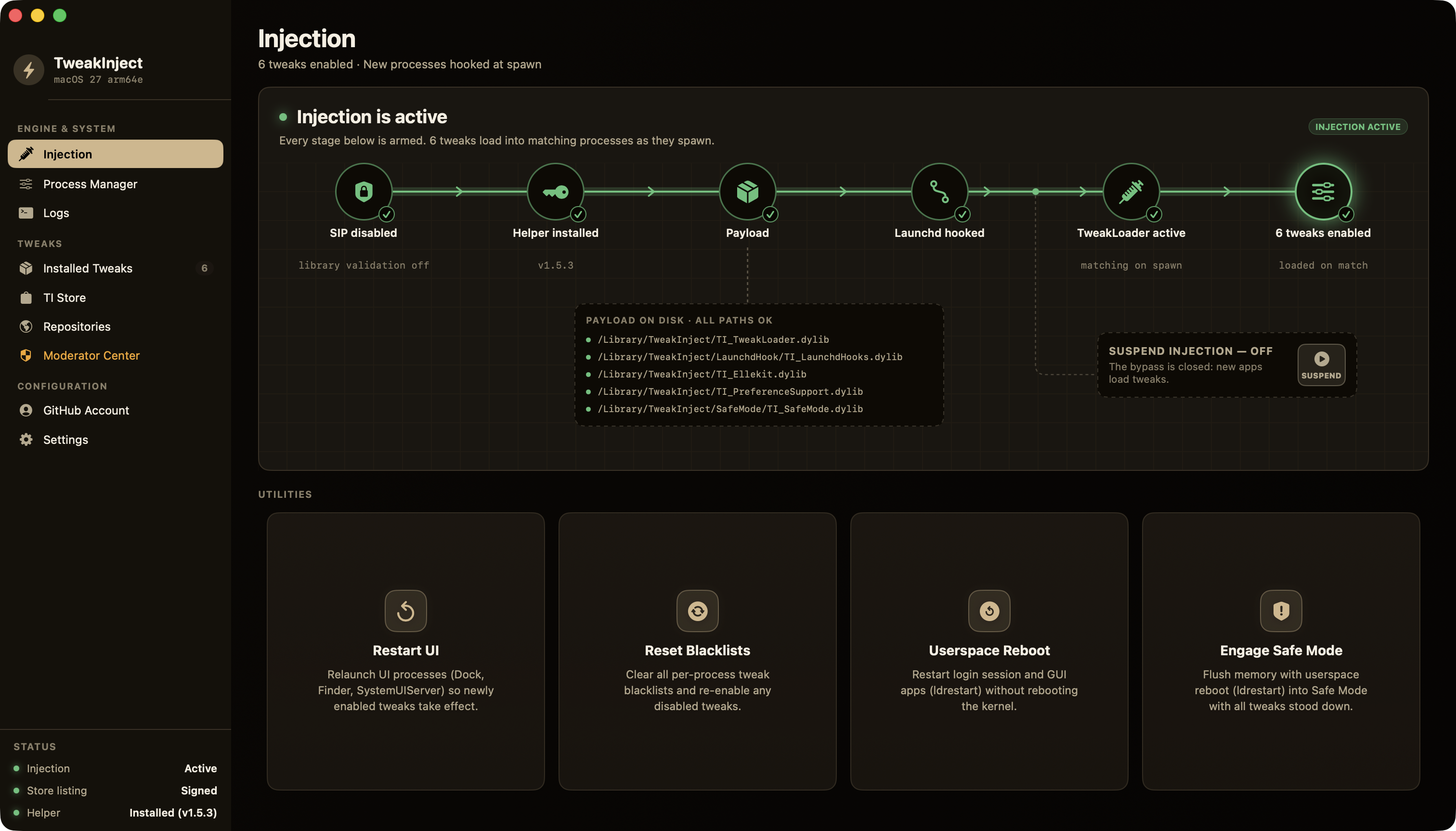 The Injection page in TweakInject