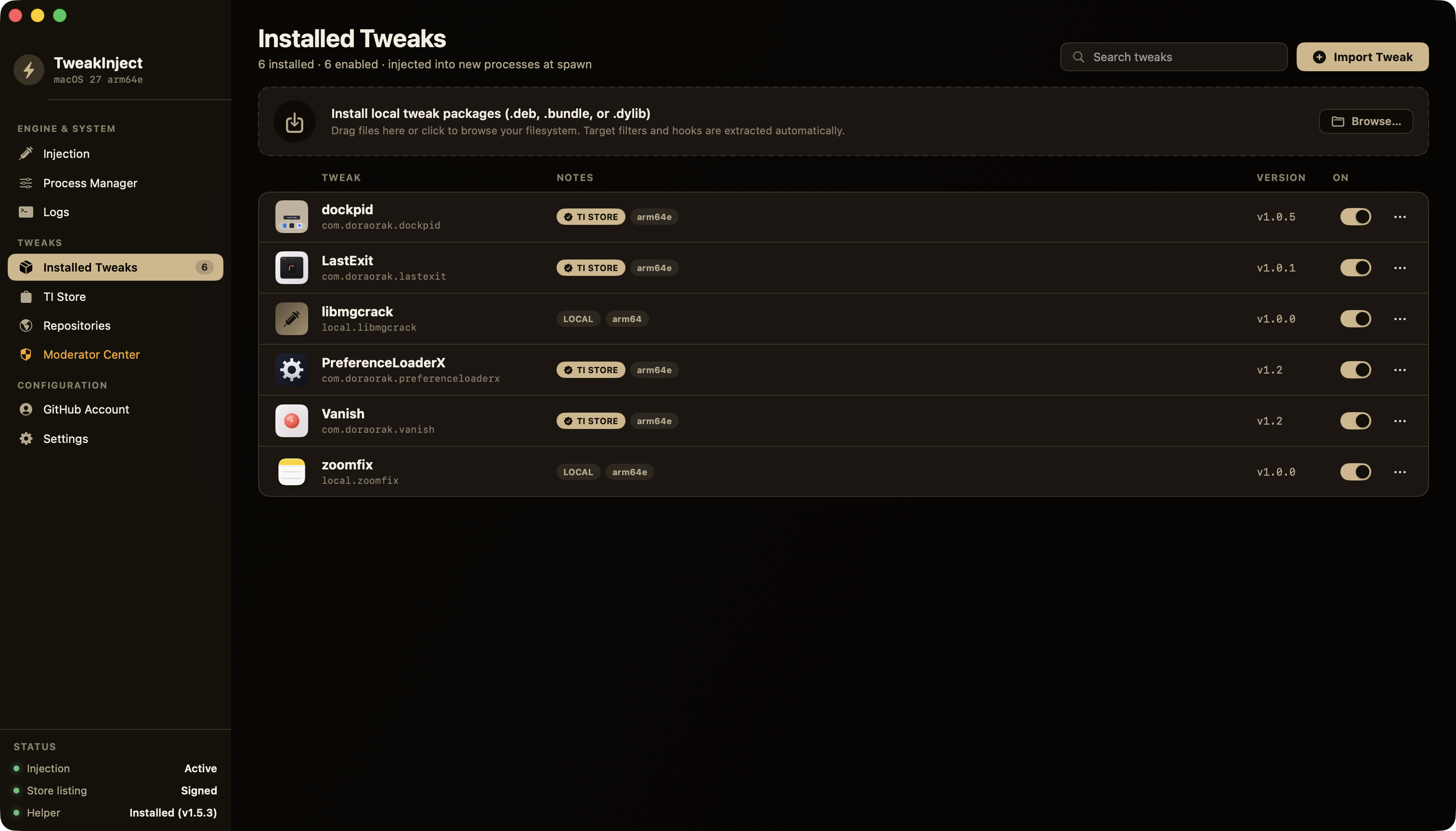The Installed Tweaks page