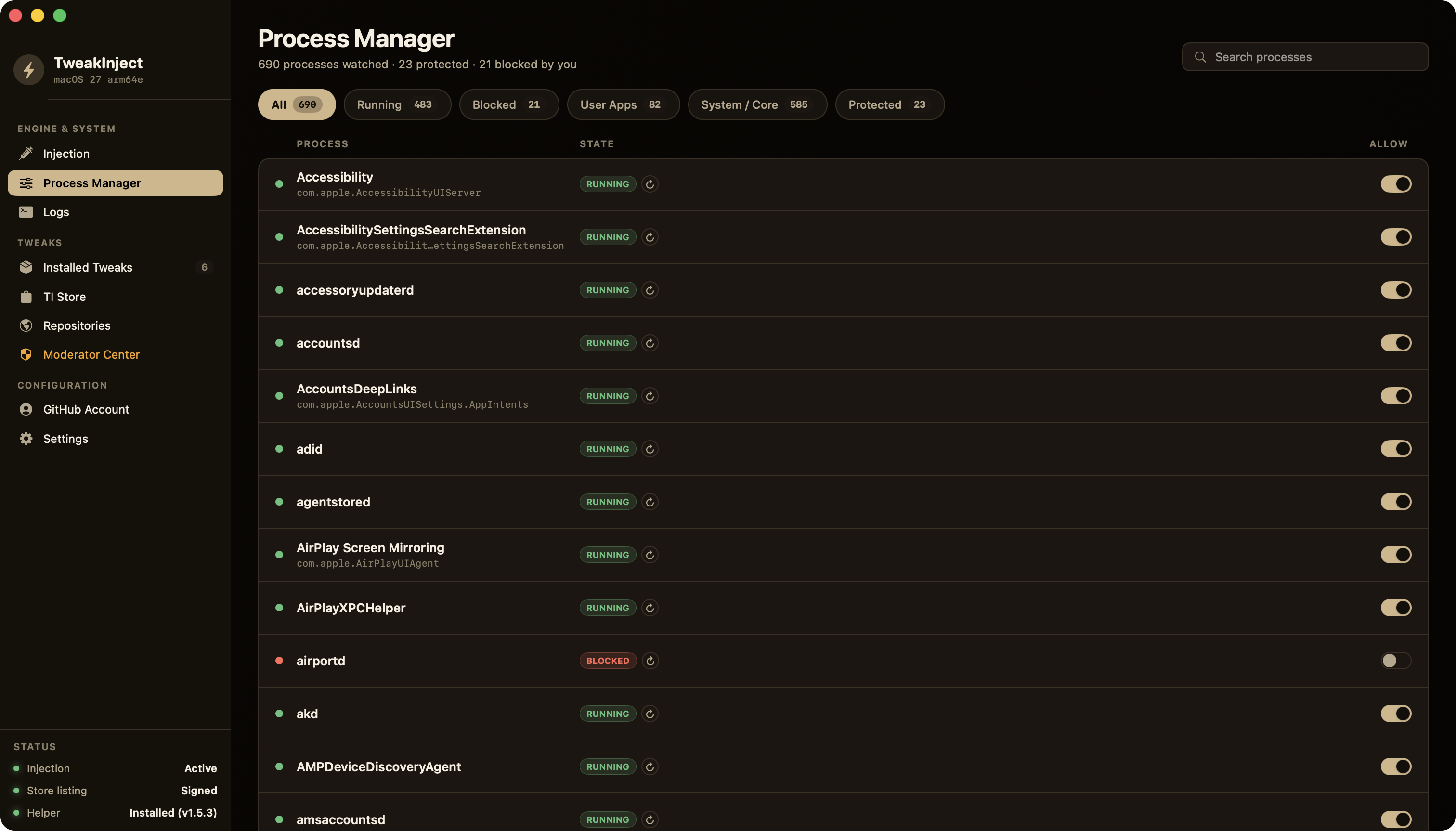 The Process Manager page