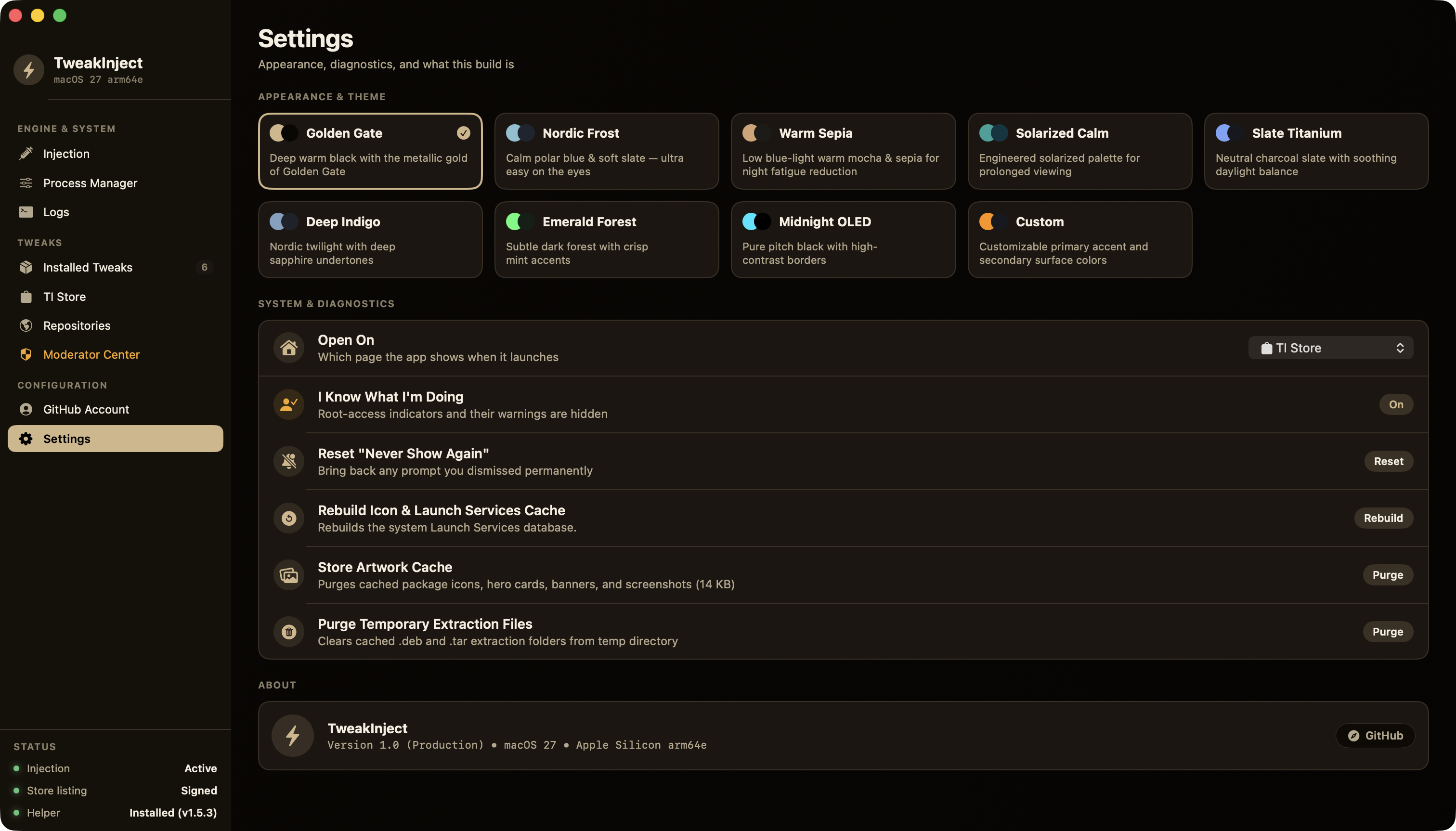 The Settings page